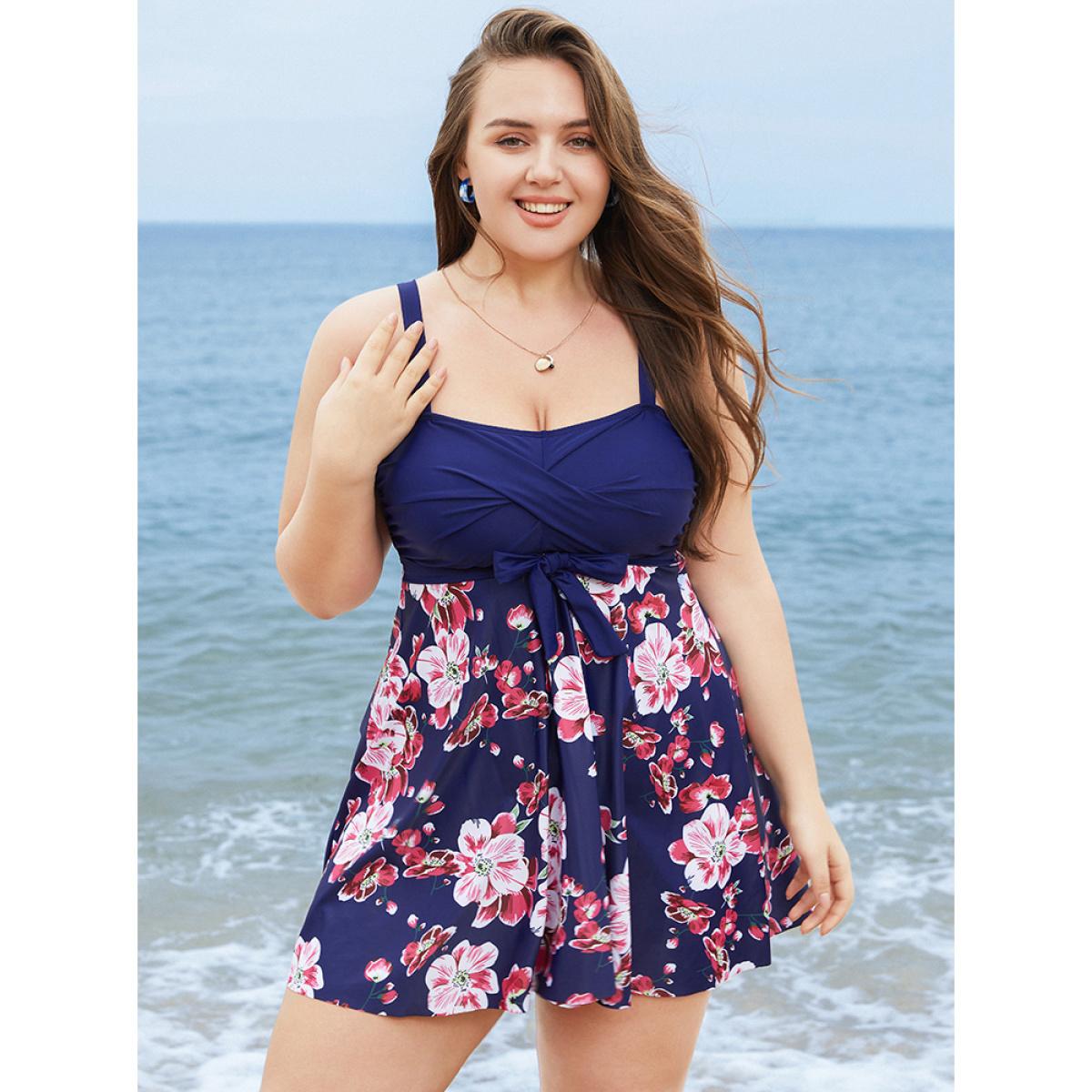 Plus Size Floral Print Knotted Twist Front A Line Swim Dress Women's Swimwear Indigo Vacation Bodycon High stretch Curve Swim Dresses BloomChic 30/6X Product Image