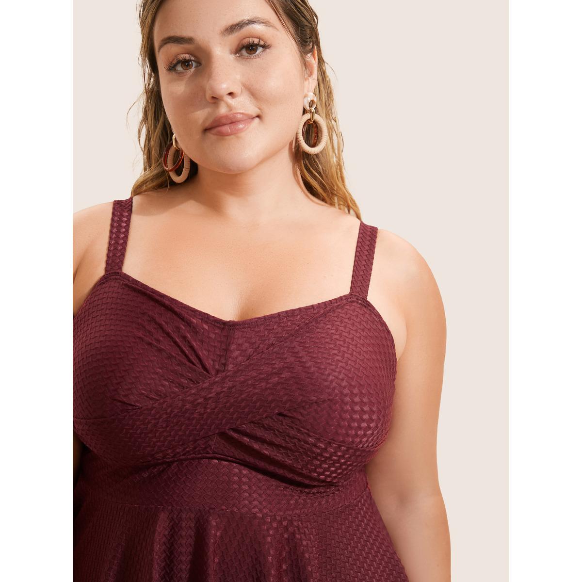 Plus Size Plisse Solid Crossover A Line Swim Top Women's Swimwear Burgundy Beach Pleated High stretch Bodycon Heart neckline Curve Swim Tops BloomChic 10/M Product Image