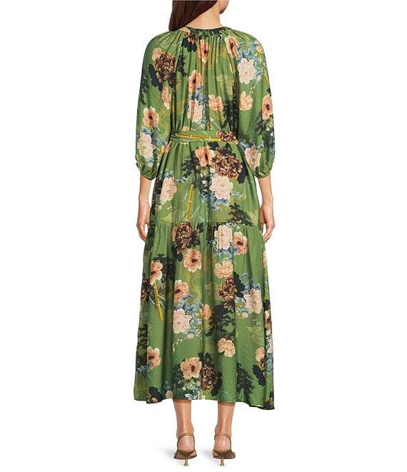 Calessa Petite Size V-Neck 3/4 Sleeved Floral Print Tie-Belt Button-Front Tiered Midi Dress Product Image
