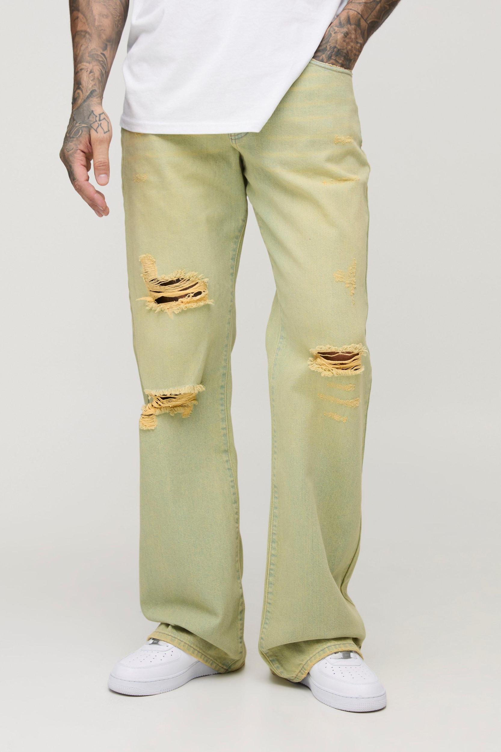 Tall Relaxed Rigid Flare Stacked Knee Rip Denim Jeans | boohooMAN USA Product Image