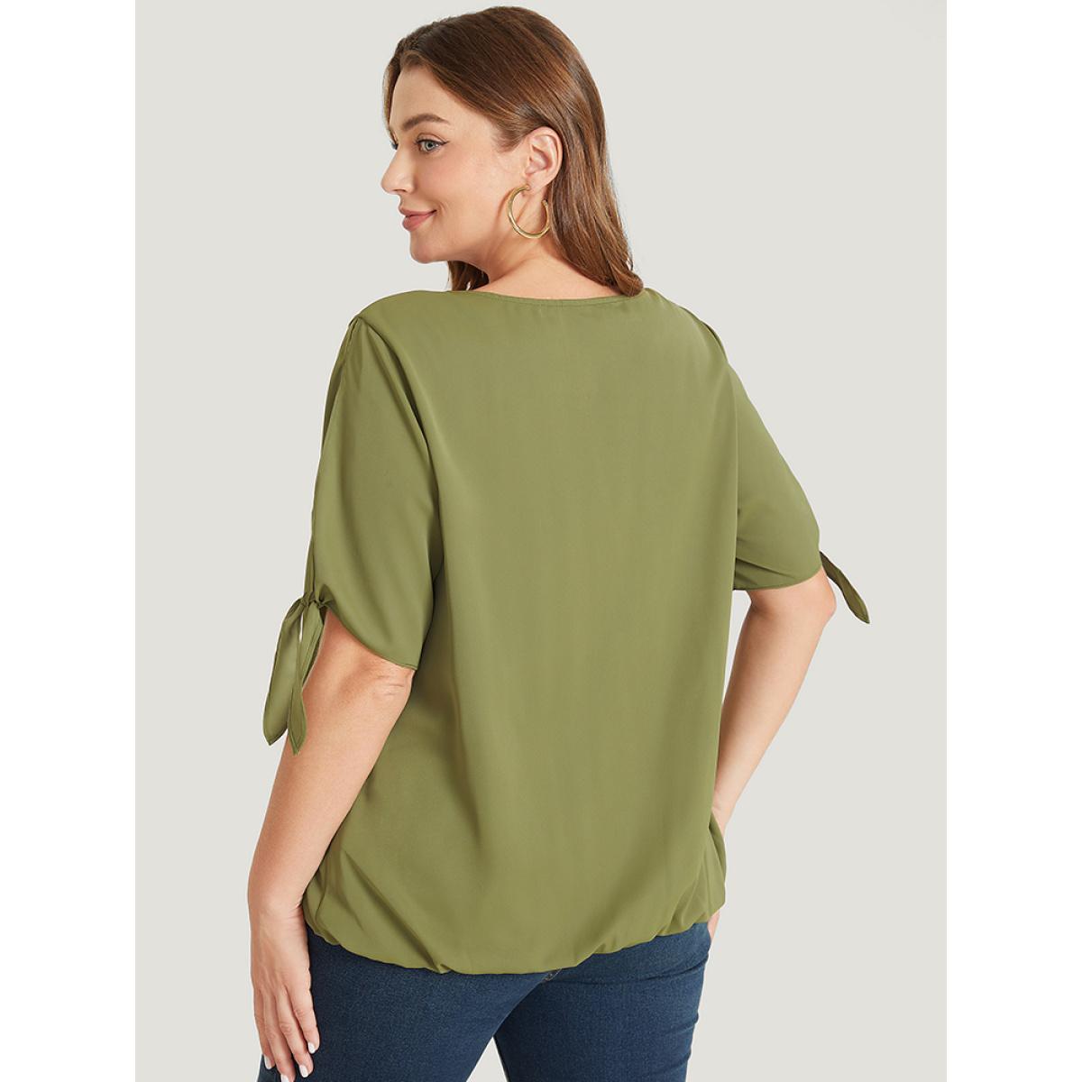 Plus Size ArmyGreen Plain Wrap Cut Out Knot Sleeve Blouse Women Office Short sleeve V-neck Dailywear Blouses BloomChic 30/6X Product Image