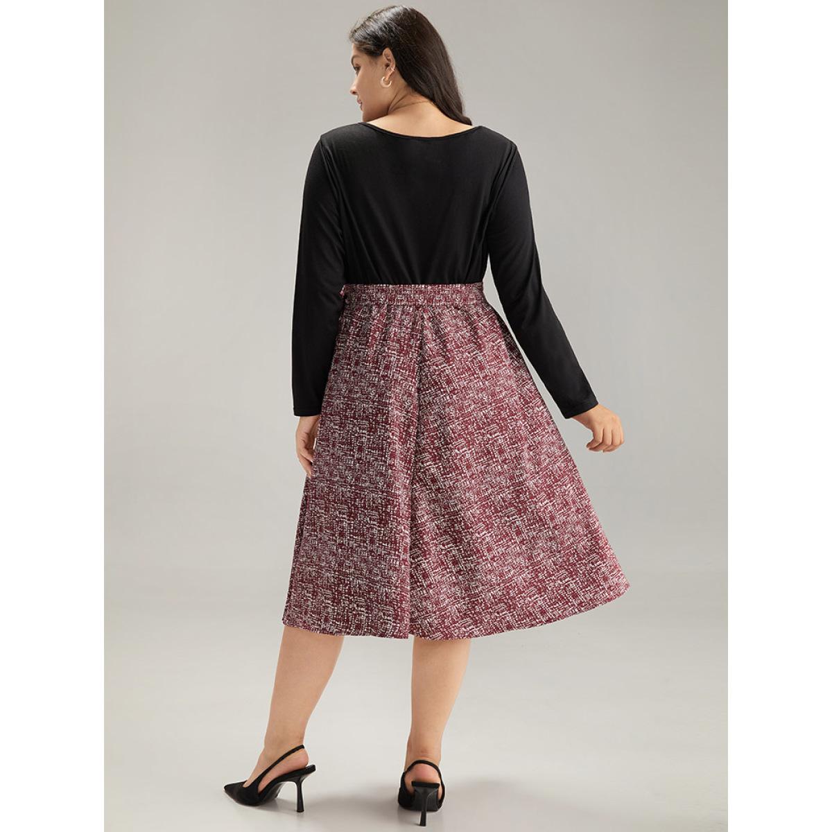 Plus Size Patchwork Contrast Belted Crew Neck Dress Black Women Office Belted Round Neck Long Sleeve Curvy Midi Dress BloomChic 12/L Product Image