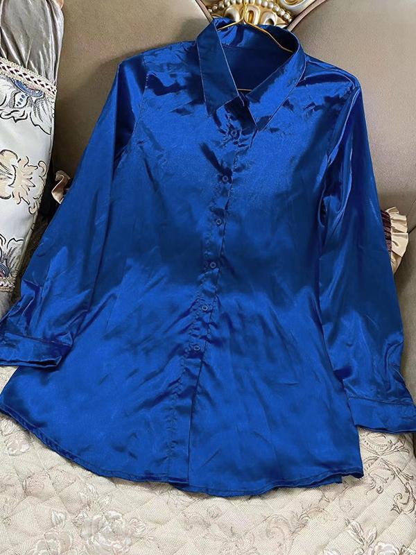 Satin Solid Lapel Neck Long Sleeve Blouse Product Image