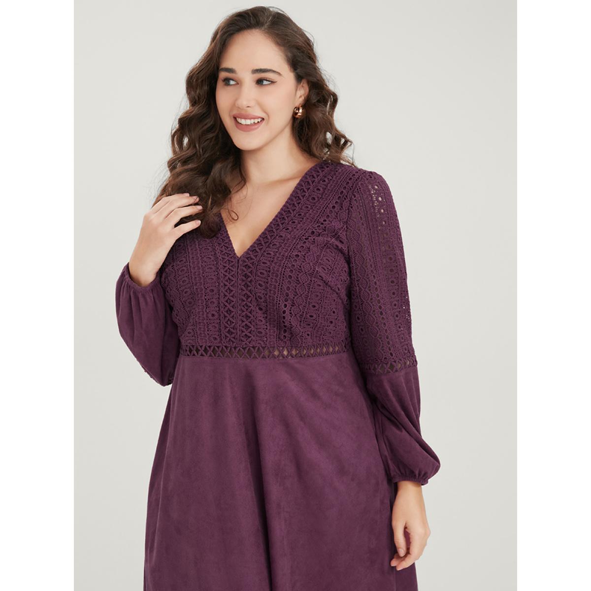 Plus Size Solid Lantern Sleeve Pocket Crochet Lace Dress Burgundy Women Elegant Patchwork V-neck Long Sleeve Curvy Midi Dress BloomChic 26/4X Product Image