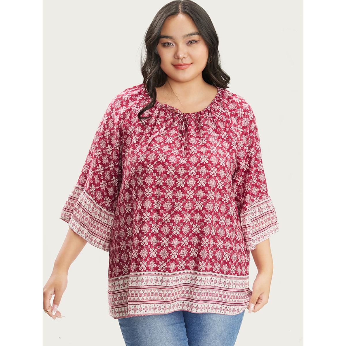 Plus Size Crimson Floral Print Bell Sleeve Knotted Round Neck Blouse Women Vacation Elbow-length sleeve Round Neck Dailywear Blouses BloomChic 22-24/3X Product Image