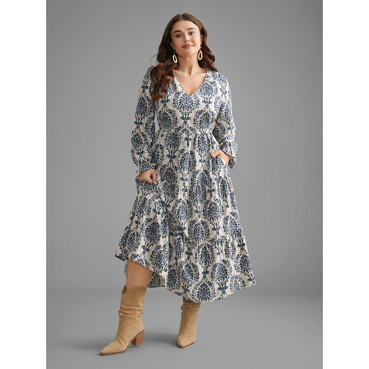 Plus Size V Neck Boho Print Ruffles Maxi Dress DarkBlue Women Resort Ruffles V-neck Long Sleeve Curvy BloomChic 28/5X Product Image