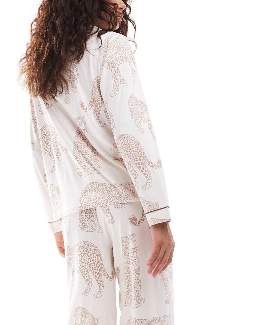 Chelsea Peers leopard print long sleeve camp collar shirt and pants pajama set in cream Product Image