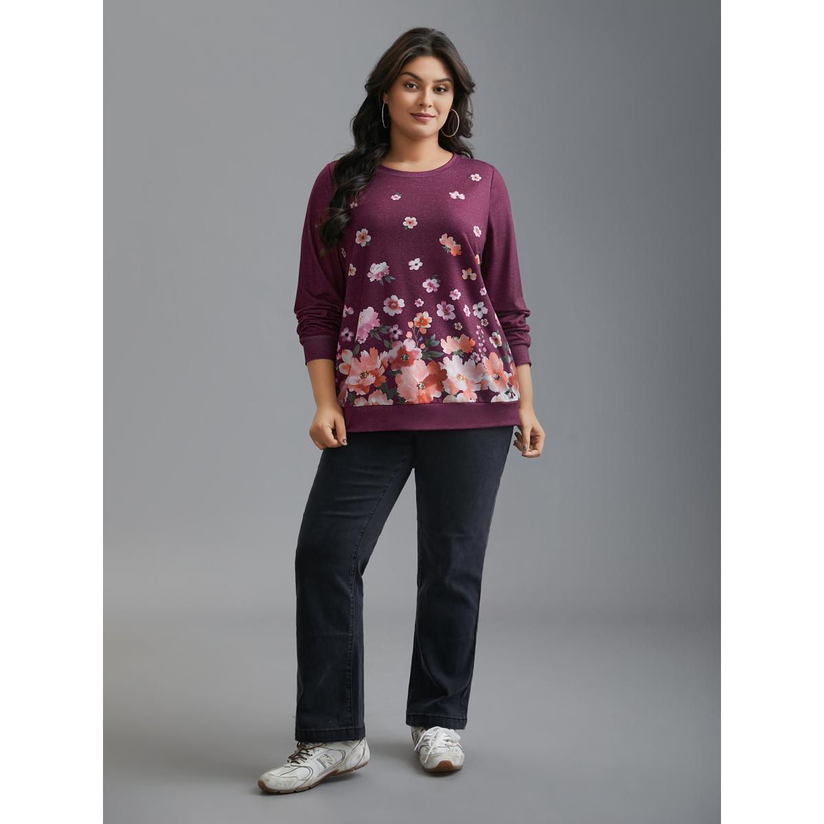 Plus Size Round Neck Floral Stretchy Sleeve Sweatshirt Women Deeppurplered Casual Non Round Neck Everyday Sweatshirts BloomChic 26/4X Product Image