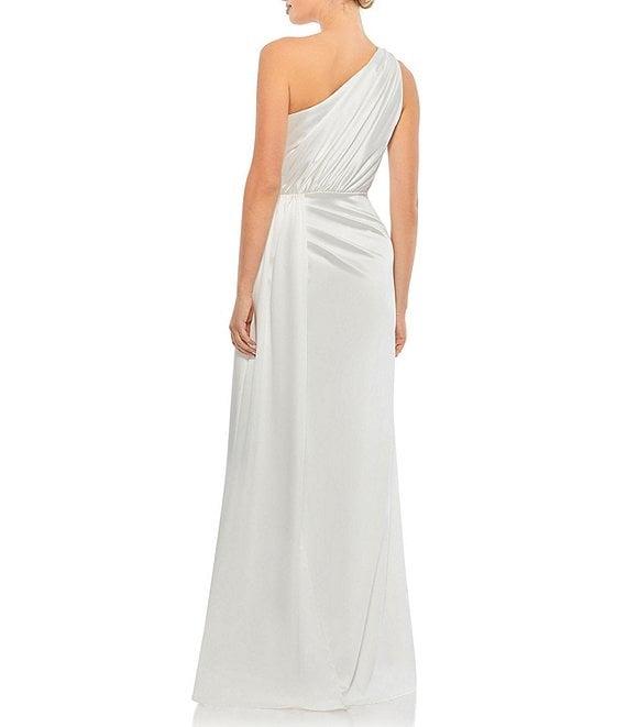 Mac Duggal Sleeveless Pleated One Shoulder Thigh High Slit Satin A-Line Gown Product Image