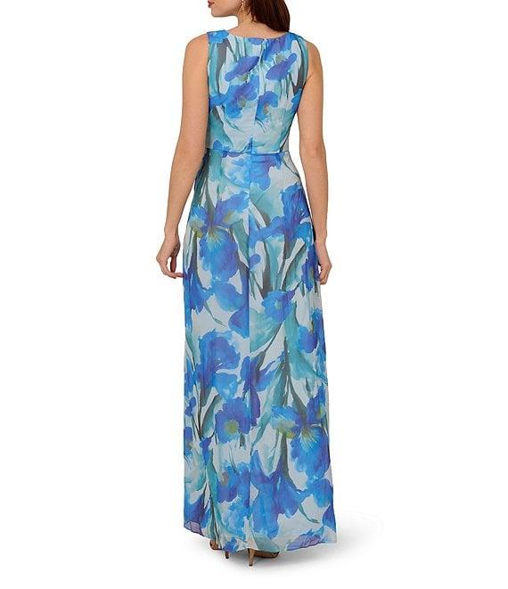 Adrianna Papell Chiffon Floral Print V-Neck Sleeveless Front Twist Sheath Gown Product Image
