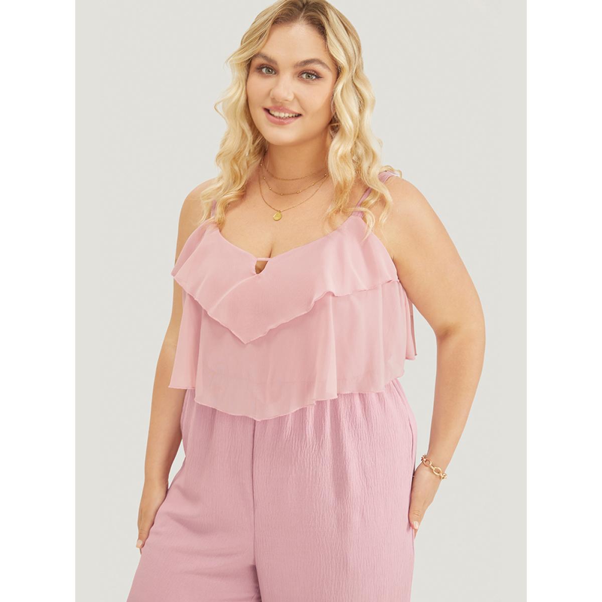 Plus Size MistyRose Solid Ruffle Trim Pocket Split Hem Keyhole Cami Jumpsuit Women Elegant Sleeveless Spaghetti Strap Dailywear Loose Jumpsuits BloomChic 10/M Product Image