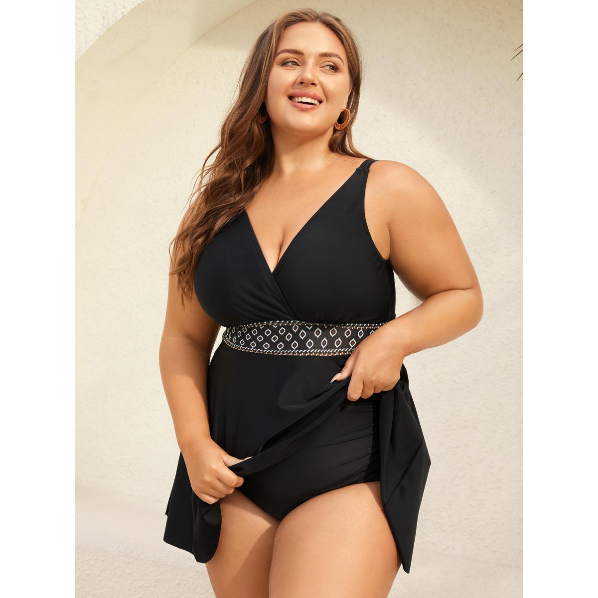 Plus Size Shell Embroidered Surplice Neck Swim Dress Women's Swimwear Black Beach Bodycon Overlap Collar High stretch Curve Swim Dresses BloomChic 18-20/2X Product Image