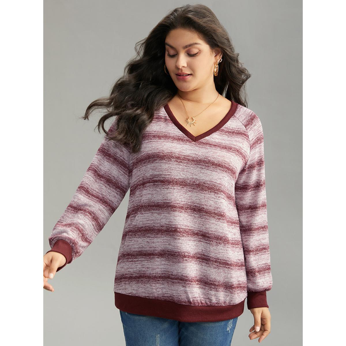 Plus Size Striped Ombre Rib Knit Elastic Cuffs Sweatshirt Women Burgundy Casual Rib Knit V-neck Dailywear Sweatshirts BloomChic 28/5X Product Image