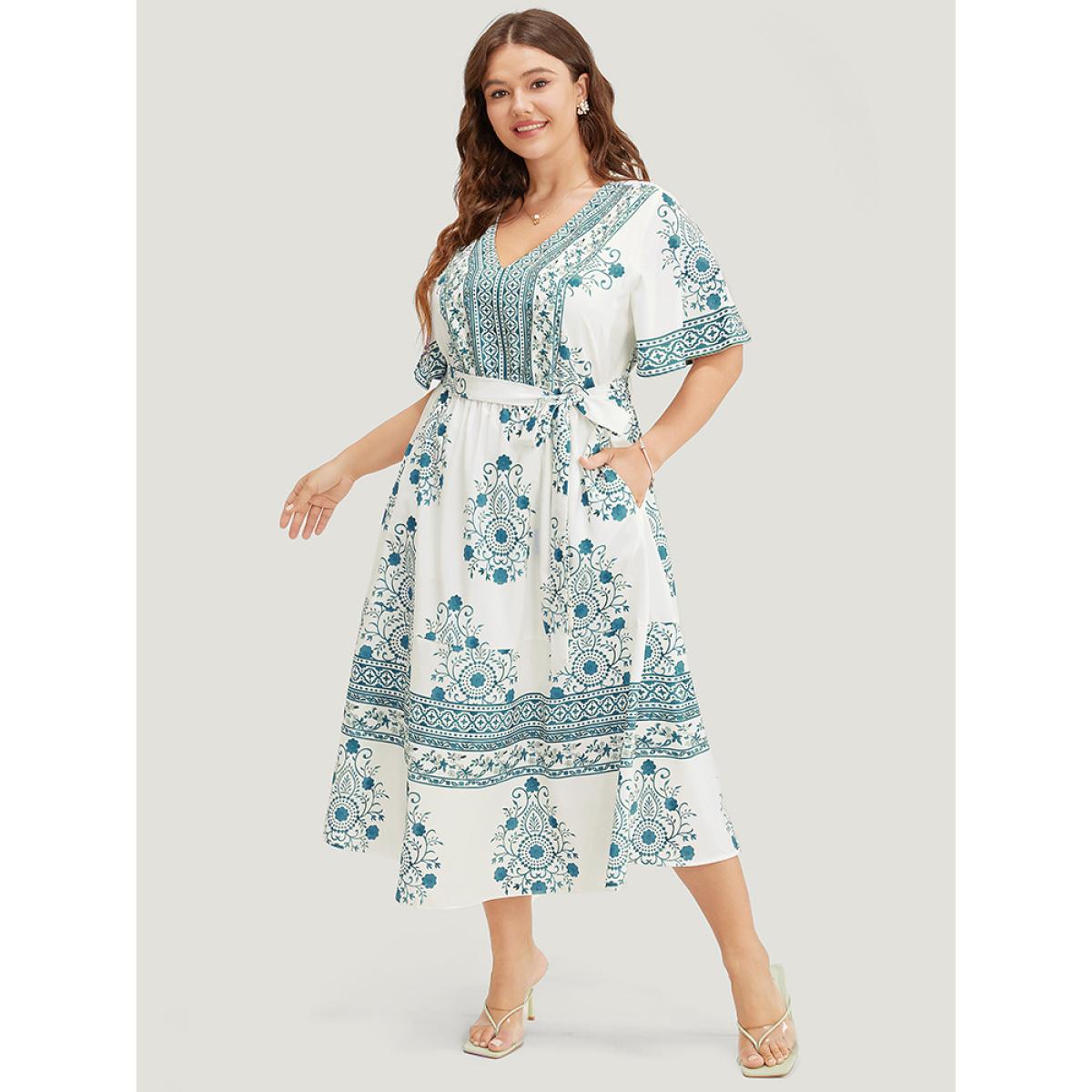 Plus Size Bandana Print Ruffle Sleeve Pocket Belted Midi Dress Cerulean Women Vacation Lined V-neck Short sleeve Curvy Midi Dress BloomChic 10/M Product Image