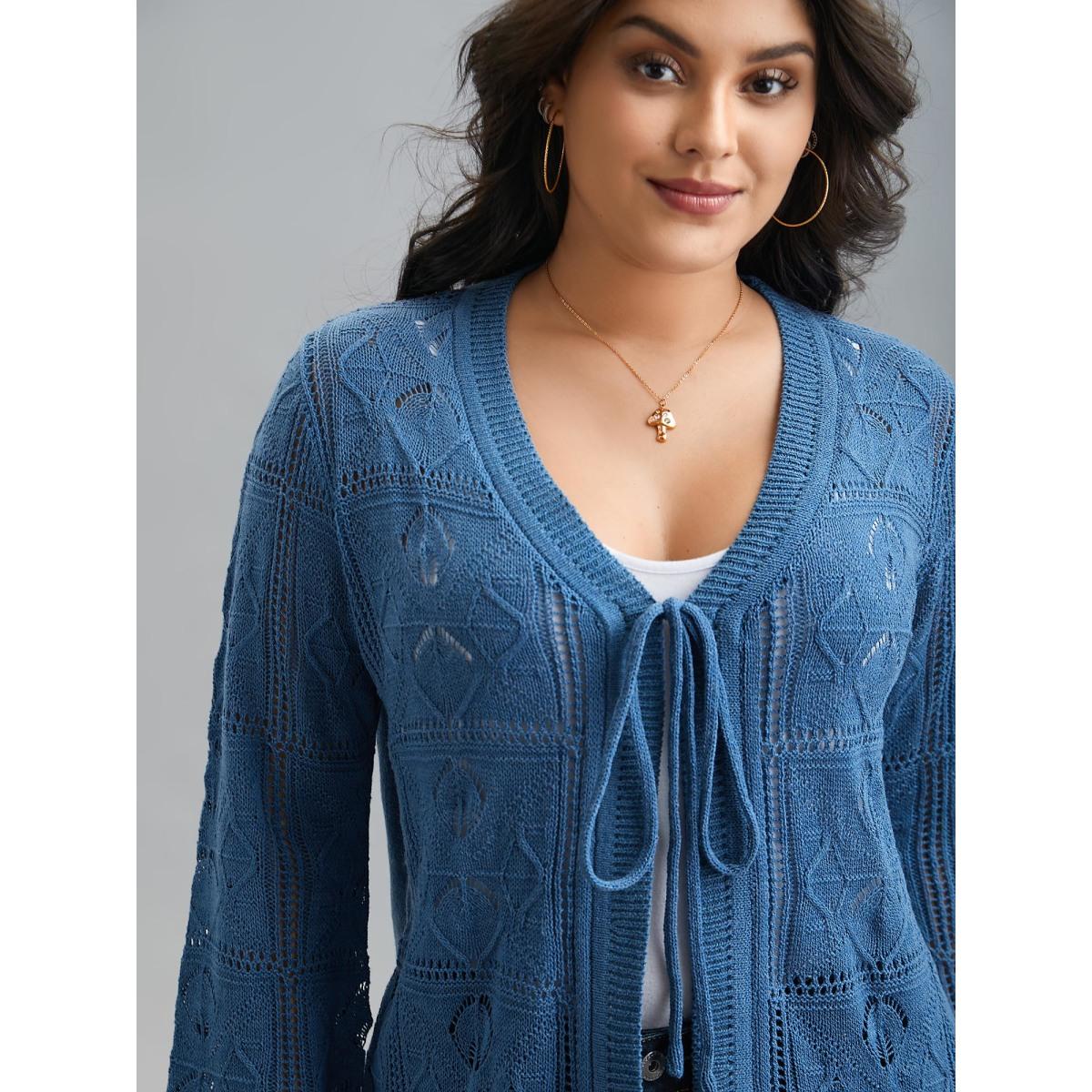 Plus Size Front-Tie Textured Eyelet Knit Cardigan Aegean Women Casual Loose Long Sleeve Everyday Cardigans BloomChic 30/6X Product Image