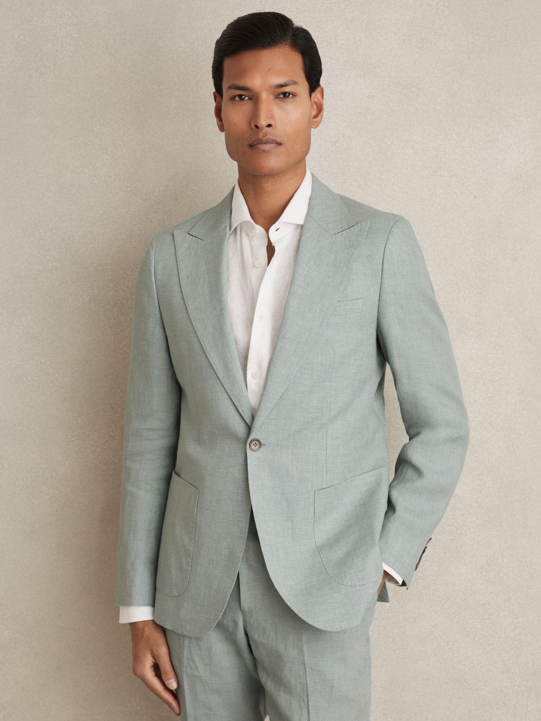 Linen Single-Breasted Suit Blazer Slim-Fit in Ocean Green Product Image