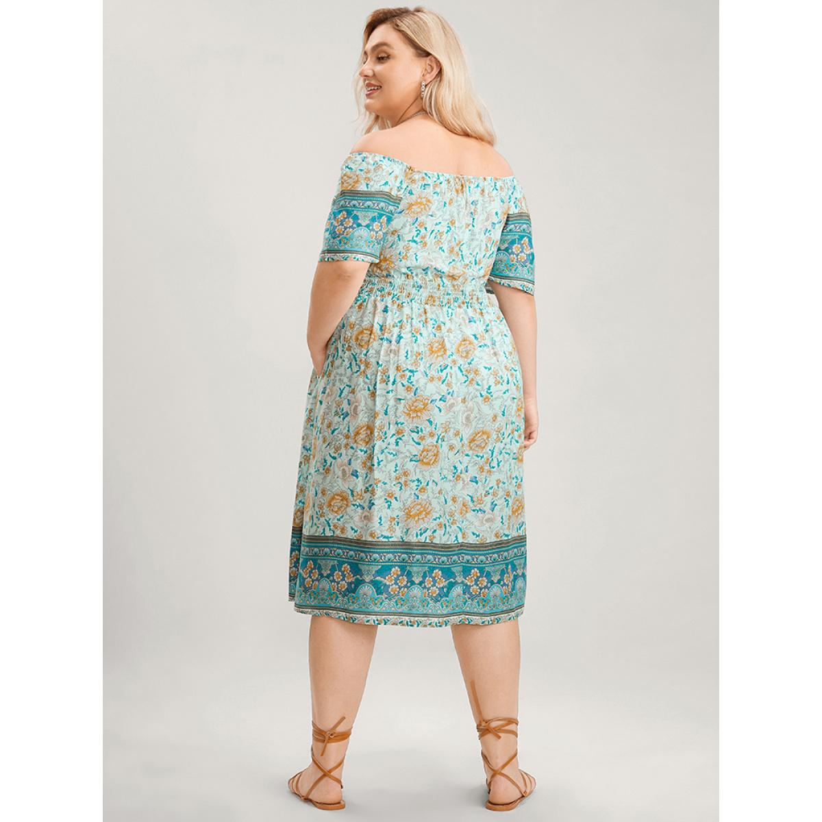Plus Size Bandana Print Square Neck Pocket Ruffles Shirred Dress Turquoise Women Vacation Pocket Square Neck Short sleeve Curvy Knee Dress BloomChic 28/5X Product Image