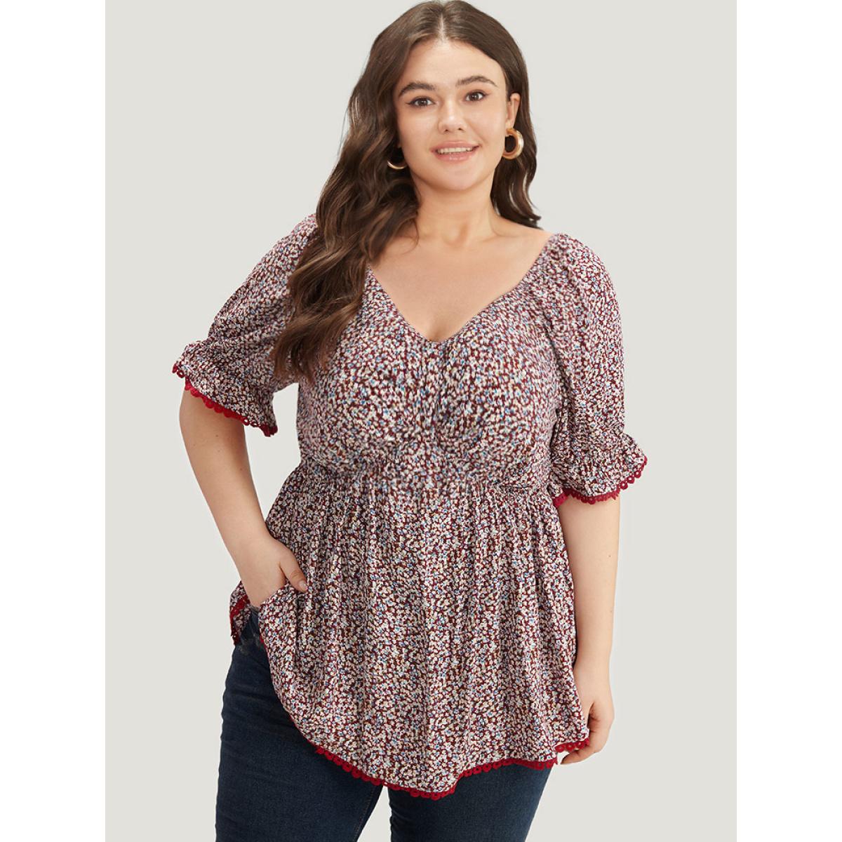 Plus Size Scarlet Ditsy Floral Ruched V Neck Lace Patchwork Blouse Women Elegant Half Sleeve V-neck Dailywear Blouses BloomChic 10/M Product Image