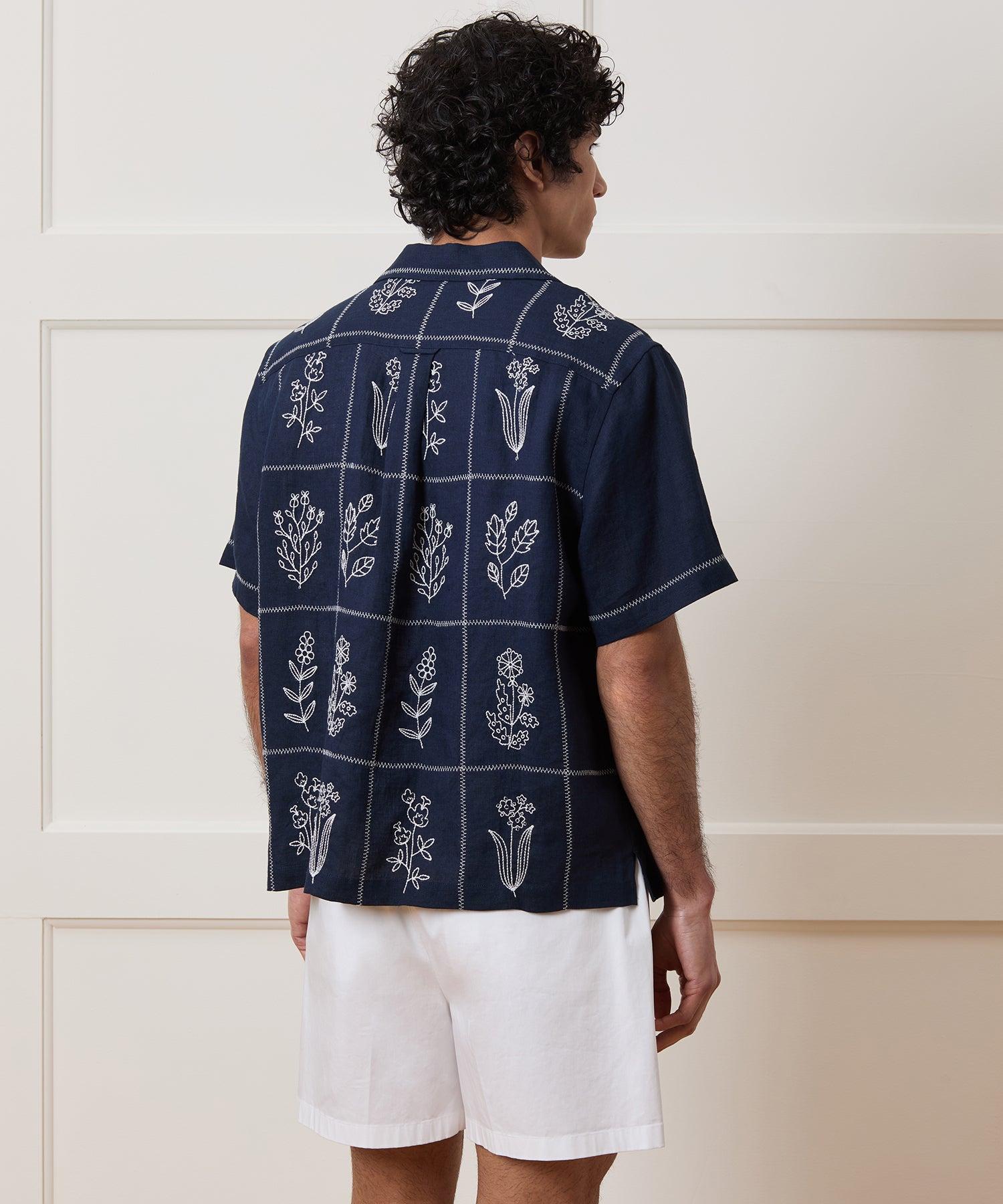 Cropped Embroidered Linen Camp Collar Shirt Product Image