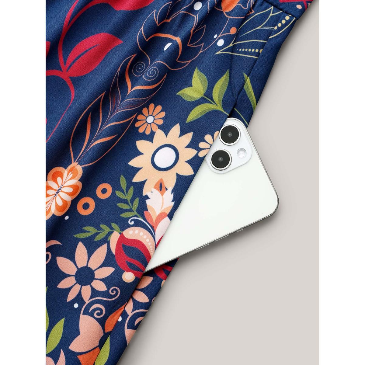 Plus Size Boho Print V-Neck Pockets Midi Dress DarkBlue Women Boho Non V-neck Elbow-length sleeve Curvy BloomChic 26/4X Product Image