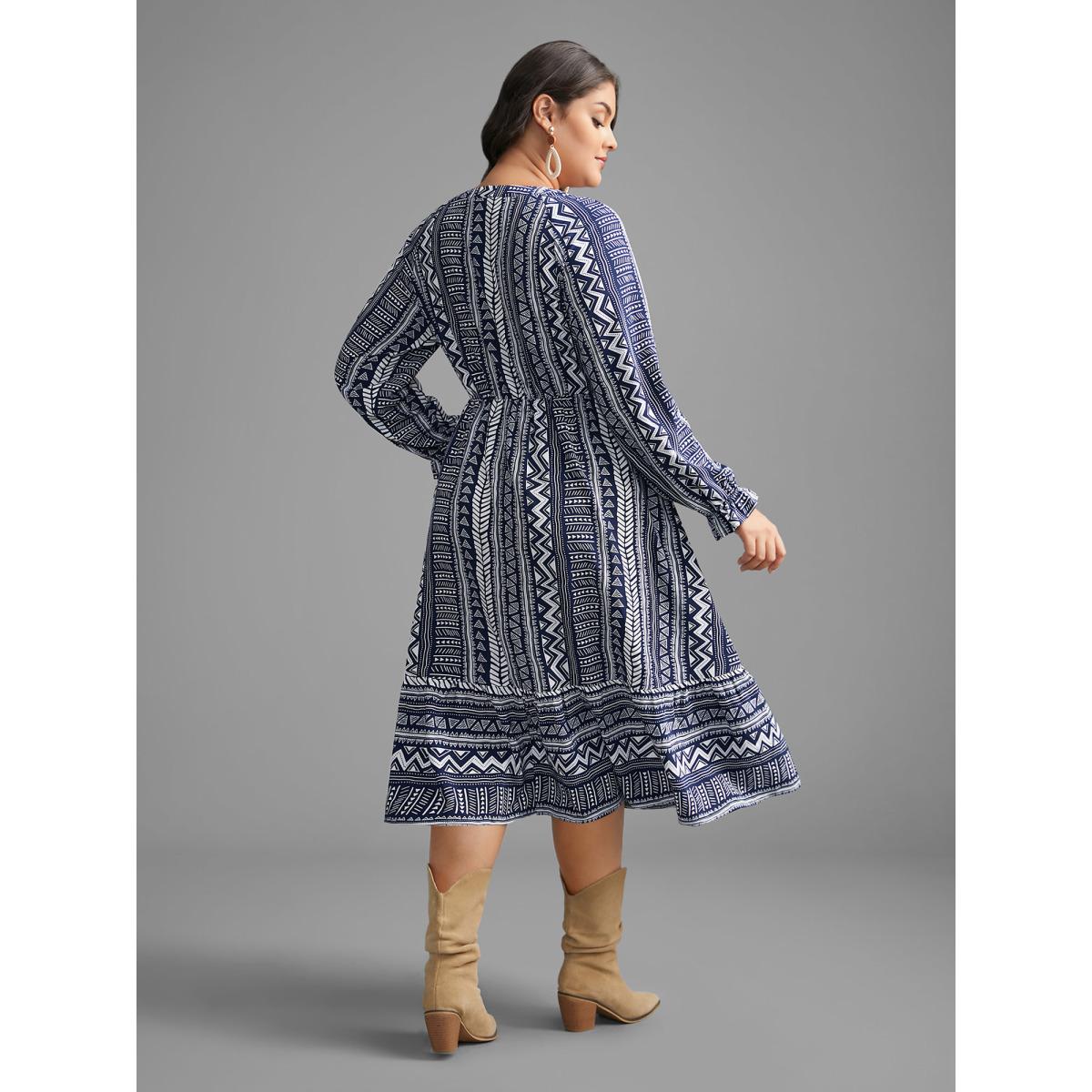 Plus Size Bandana Geometric Tassels Tie Knot Dress Indigo Women Resort Tie knot Flat collar with V-notch Long Sleeve Curvy BloomChic 30/6X Product Image