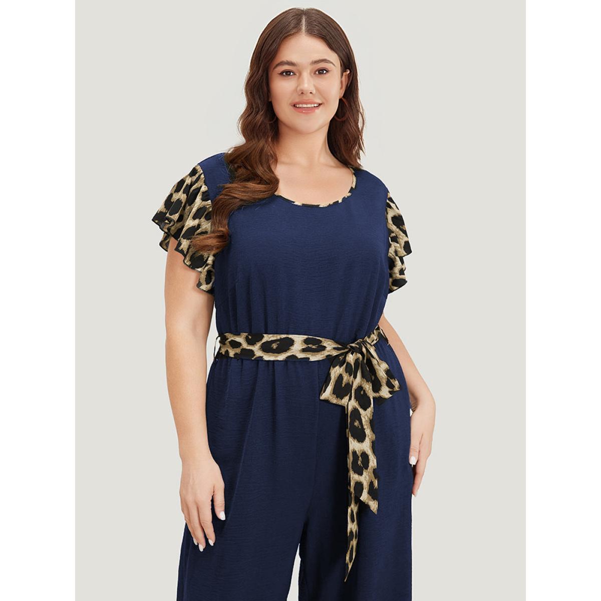 Plus Size DarkBlue Leopard Patchwork Pocket Belted Ruffle Sleeve Jumpsuit Women Office Sleeveless Round Neck Office Loose Jumpsuits BloomChic 30/6X Product Image