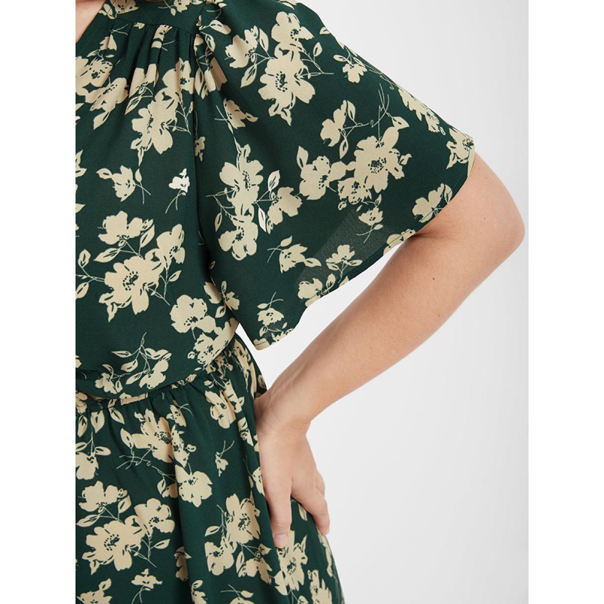 Plus Size Floral Belted Button Ruffled Wrap Knee Dress Green Women Elegant Printed V-neck Short sleeve Curvy Knee Dress BloomChic 28/5X Product Image