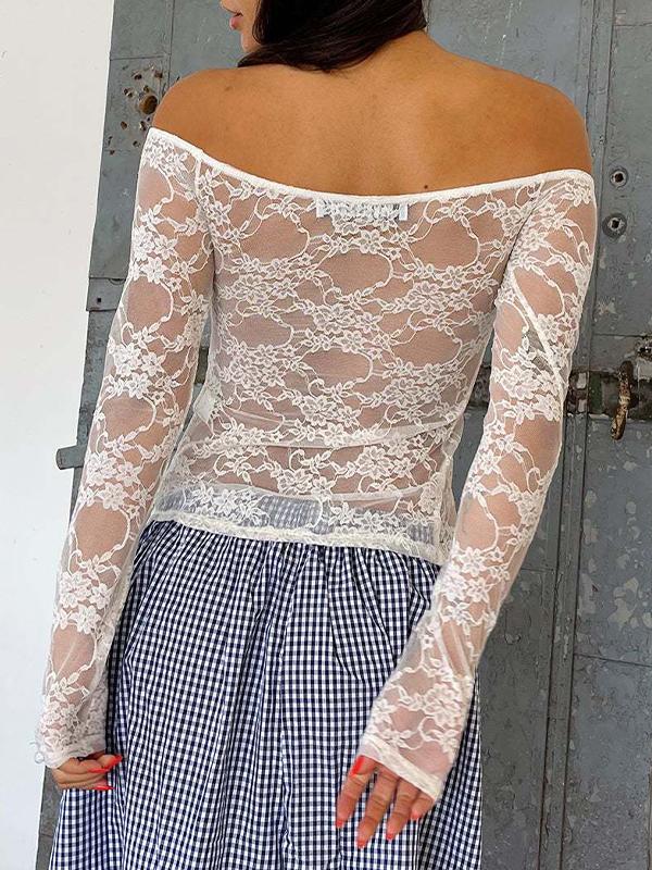 Lace Off Shoulder Slit Cropped Long Sleeve Tee Product Image