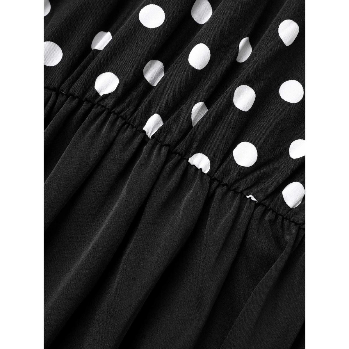 Plus Size Polka Dot Patchwork Keyhole Dress Black Women At the Office Patchwork Mock Neck Long Sleeve Curvy BloomChic 22-24/3X Product Image