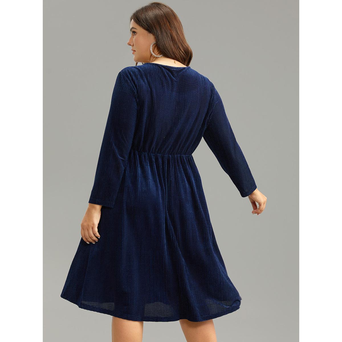 Plus Size Plain Textured Velvet Ruffle Hem Dress Indigo Women Glamour Texture Overlap Collar Long Sleeve Curvy Midi Dress BloomChic 30/6X Product Image