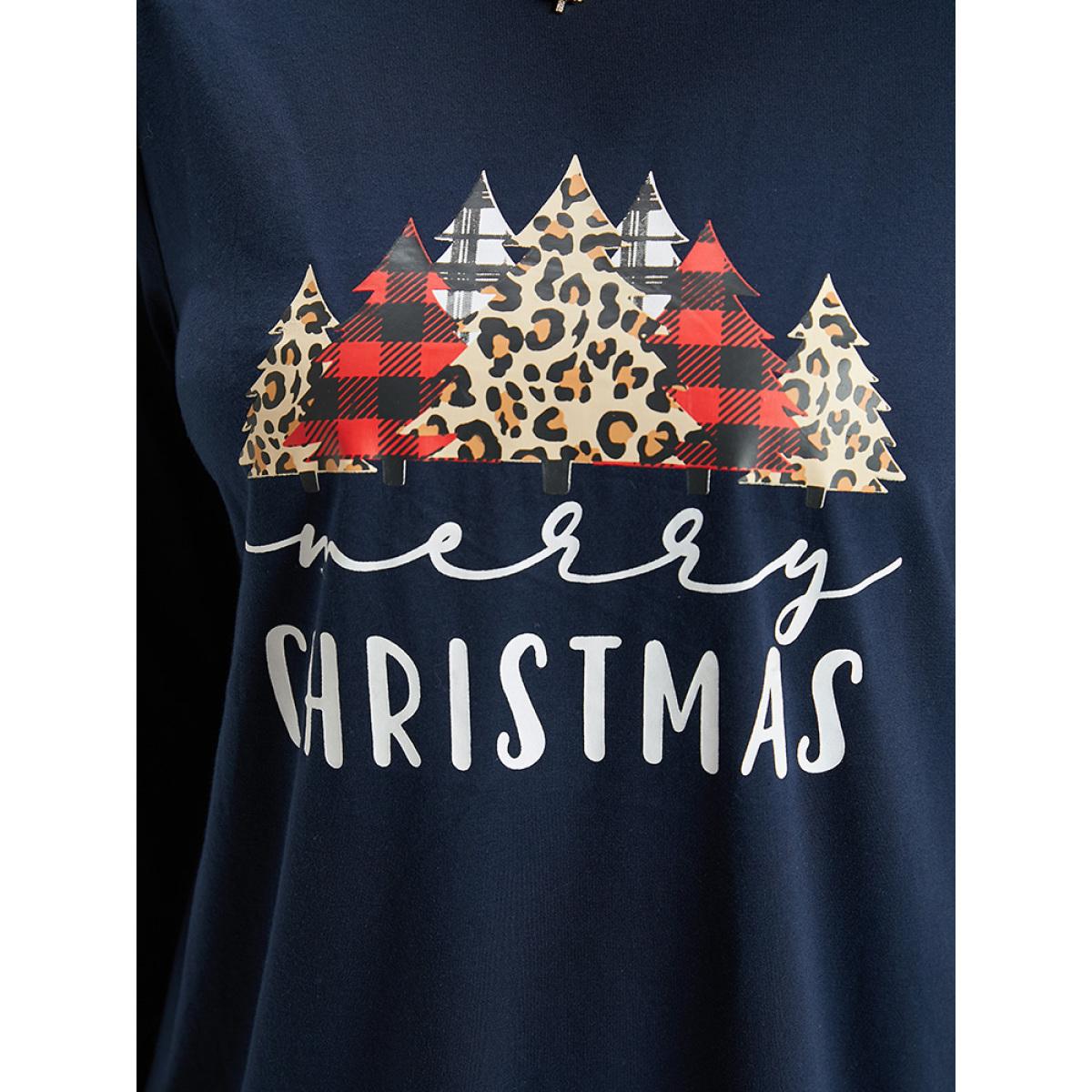 Plus Size Christmas Trees Letter Print Round Neck T-shirt Indigo Women Casual Printed Christmas Festival-Christmas T-shirts BloomChic 22-24/3X Product Image