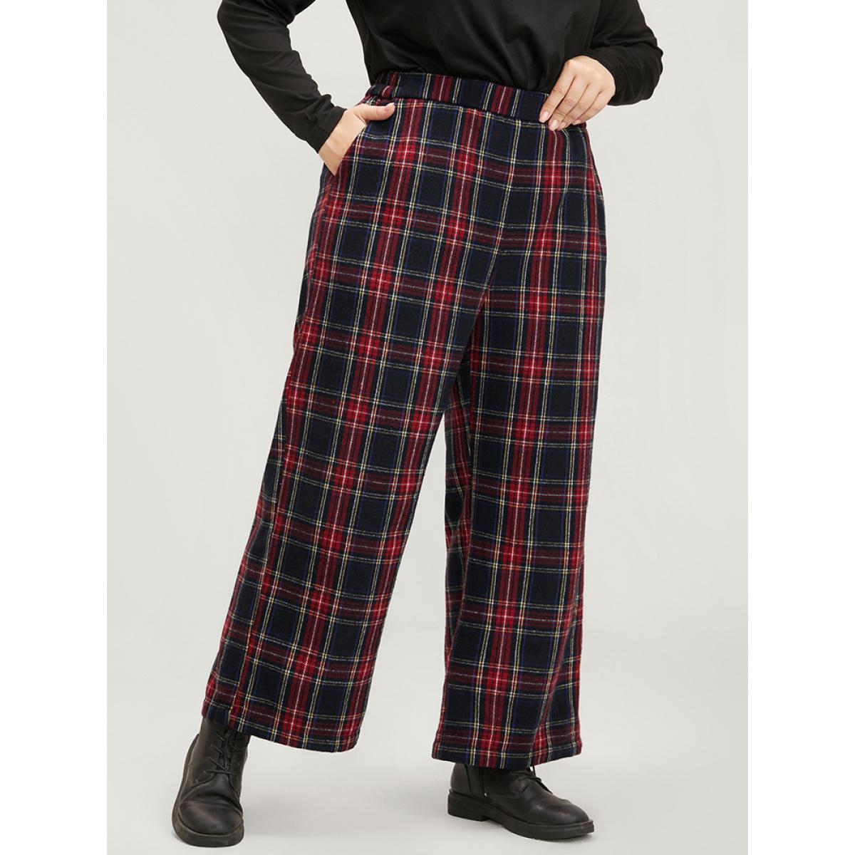 Plus Size Plaid Elastic Waist Pocket High Rise Pants Women Black Elegant High Rise Dailywear Pants BloomChic 28/5X Product Image