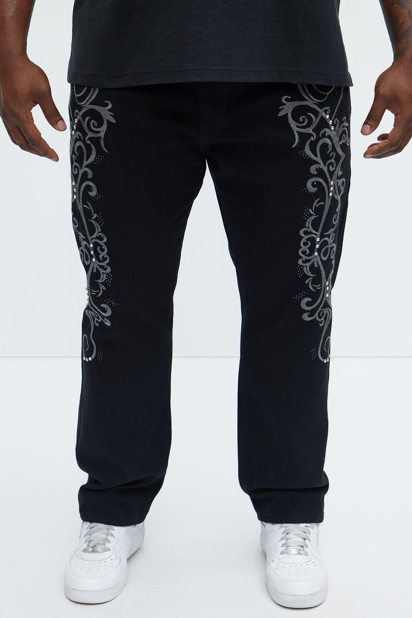 Kurt Rhinestone Embroidered Slim Jeans - Black Product Image