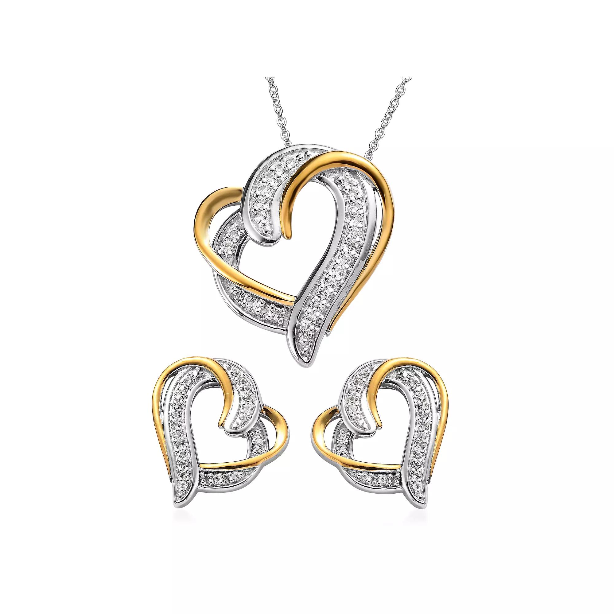Two Tone Sterling Silver Lab-Created White Sapphire Heart Pendant Necklace & Earrings Set, Women's, Size: 18" Product Image