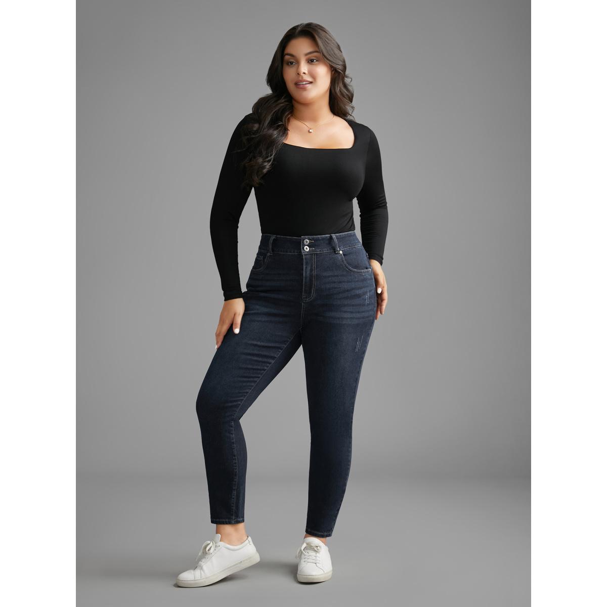 Plus Size Dark Wash Button Up Skinny Jeans Women Darkindigo Casual Button Medium stretch Slanted pocket Jeans BloomChic 20/2X Product Image