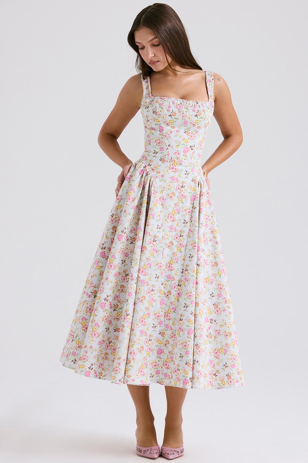 Dorothy  pale blue meadow print cotton midi sundress Product Image