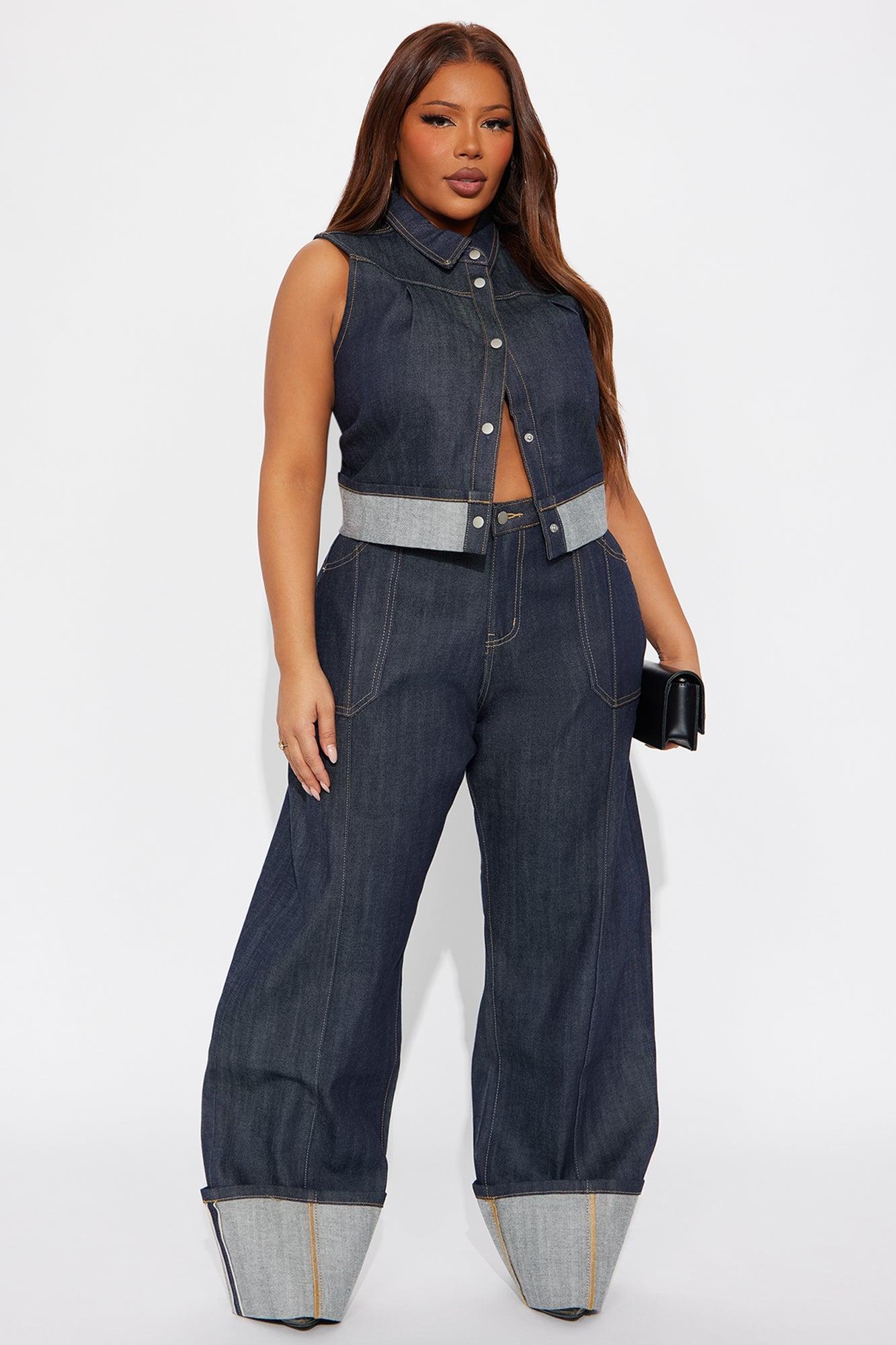 Premium Selvedge Cuffed Utility Wide Leg Jeans - Dark Denim Product Image