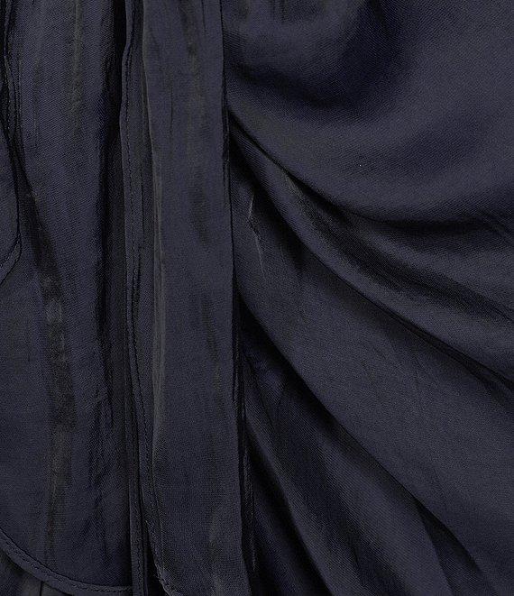 Steve Madden Tori Satin Point Collar Short Kimono Cuff Sleeve Belted Ruched Front Asymmetrical Hem Midi Shirt Dress Product Image