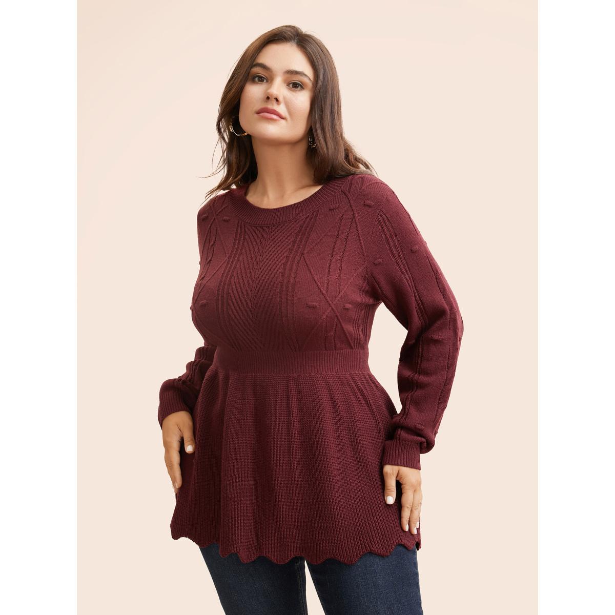 Plus Size Plain Textured Scalloped Trim Pullover Deepred Women Timeless Bodycon Long Sleeve Round Neck Elegant Pullovers BloomChic 18-20/2X Product Image