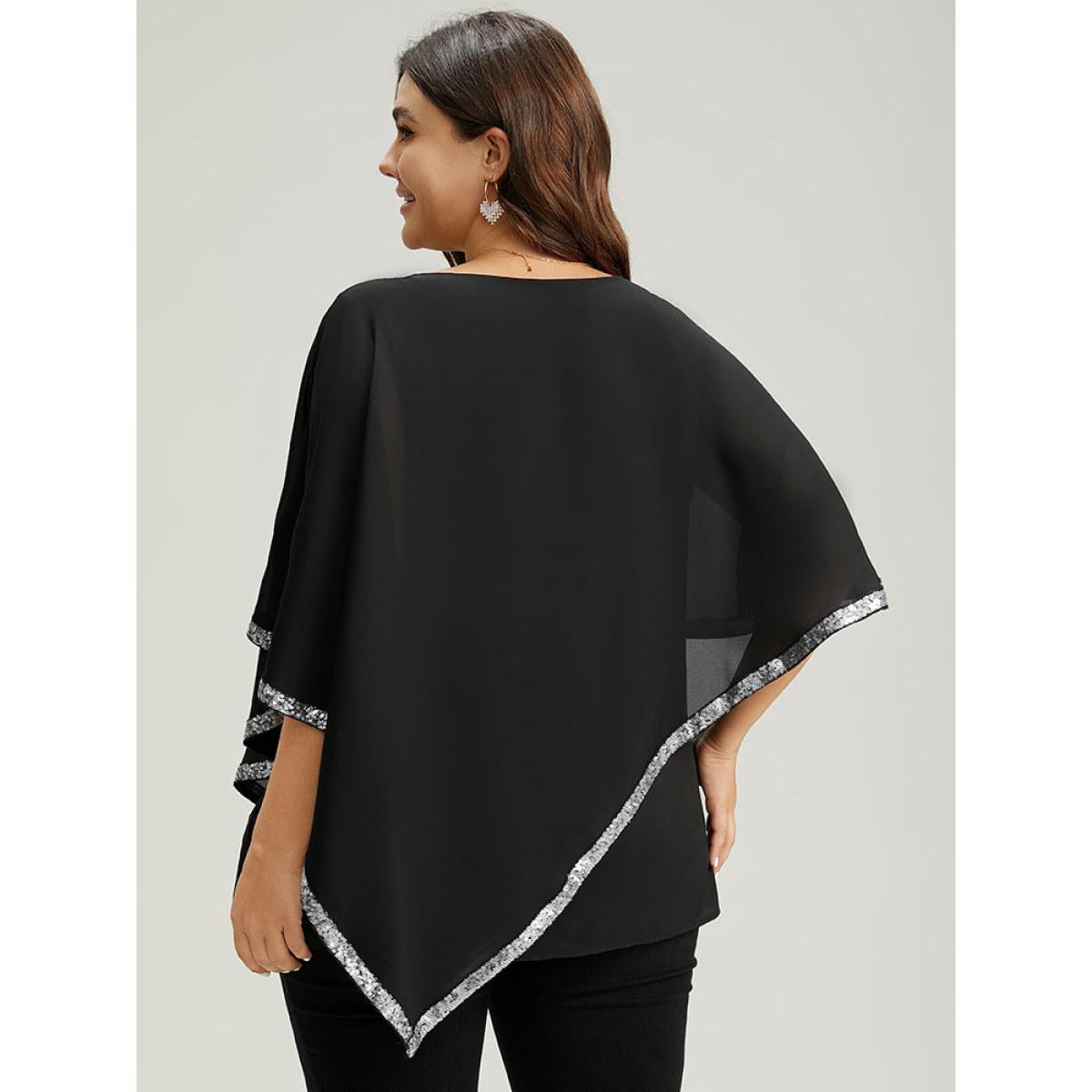 Plus Size Black Sequin Patchwork Asymmetrical Dolman Sleeve Blouse Women Glamour Half Sleeve Round Neck Festival-Christmas Blouses BloomChic 26/4X Product Image