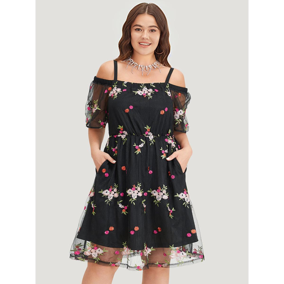 Plus Size Floral Embroidered Cold Shoulder Mesh Cami Dress Black Women Glamour Lined Spaghetti Strap Short sleeve Curvy Knee Dress BloomChic 30/6X Product Image