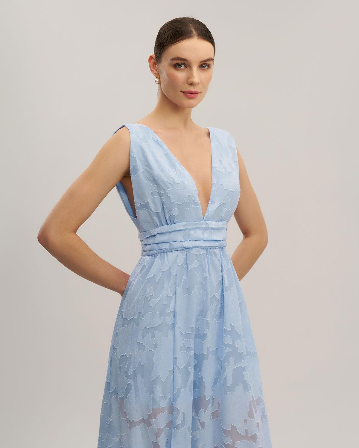 Blue Jacquard Slit Sleeveless Maxi Dress Product Image
