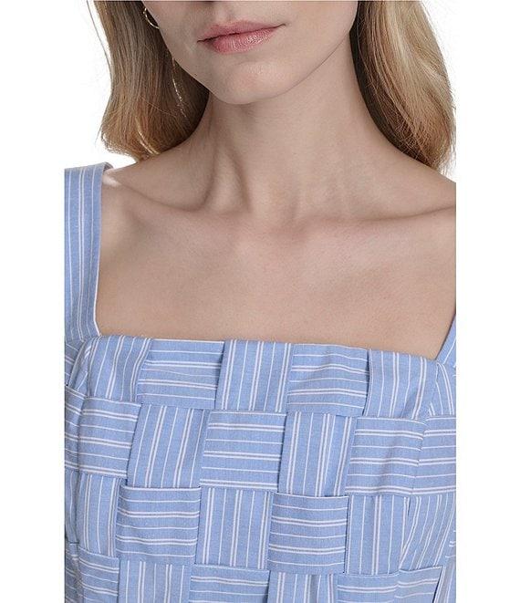 Eliza J Basketweave Cotton Stripe Print Square Neck Sleeveless A-Line Midi Dress Product Image
