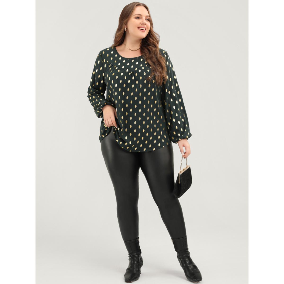 Plus Size DarkGreen Polka Dot Round Neck Lantern Sleeve Blouse Women Party Long Sleeve Round Neck Going out Blouses BloomChic 18-20/2X Product Image