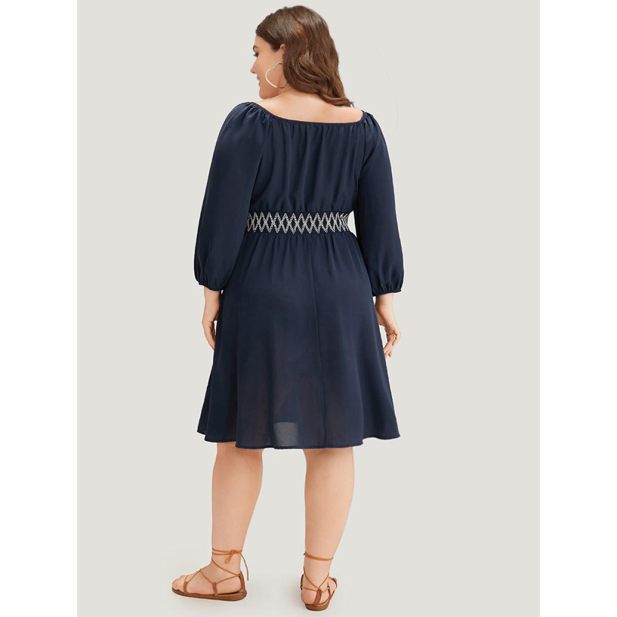 Plus Size Bandana Shirred Square Neck Lantern Sleeve Dress DarkBlue Women Vacation Elastic cuffs Square Neck Long Sleeve Curvy Midi Dress BloomChic 26/4X Product Image