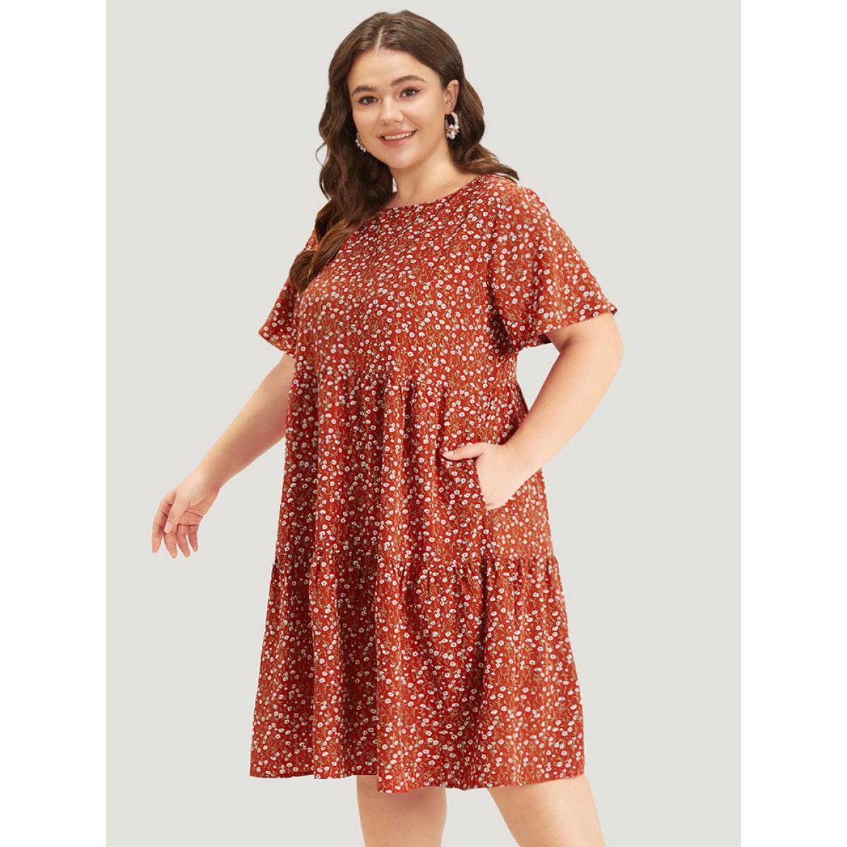 Plus Size Ditsy Floral Pocket Layered Patchwork Crew Neck Dress Russet Women Elegant Printed Round Neck Short sleeve Curvy Midi Dress BloomChic 22-24/3X Product Image