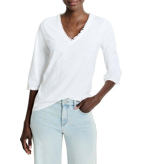 NIC + ZOE Knit V-Neck Elbow Sleeve Fringe Trim Tee Product Image