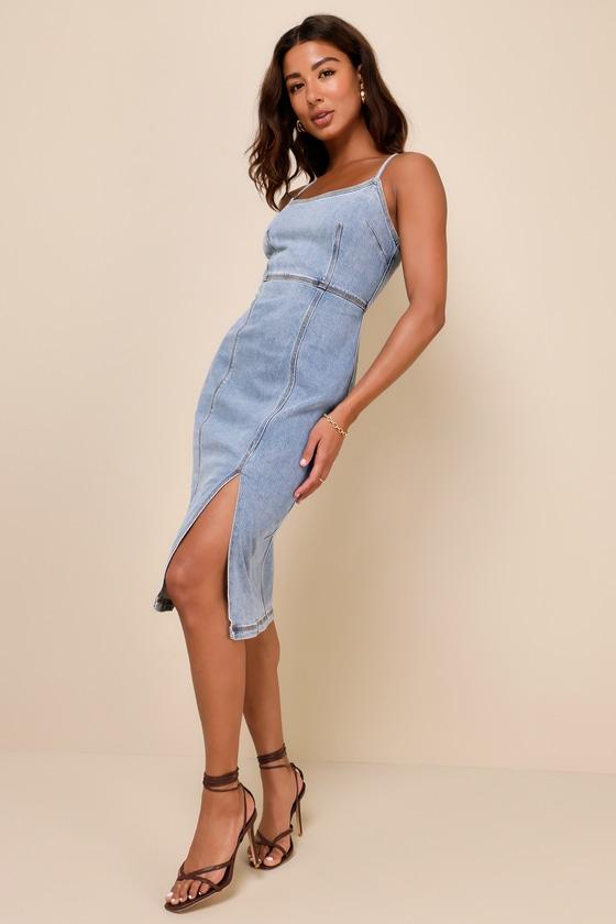 Gisele Light Wash Denim Sleeveless Midi Dress Product Image