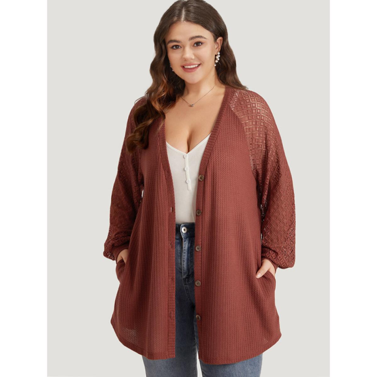 Plus Size Solid Button Through Pocket Mesh Raglan Sleeve Kimono Women Rust Casual See through Loose Pocket Dailywear Kimonos BloomChic 30/6X Product Image