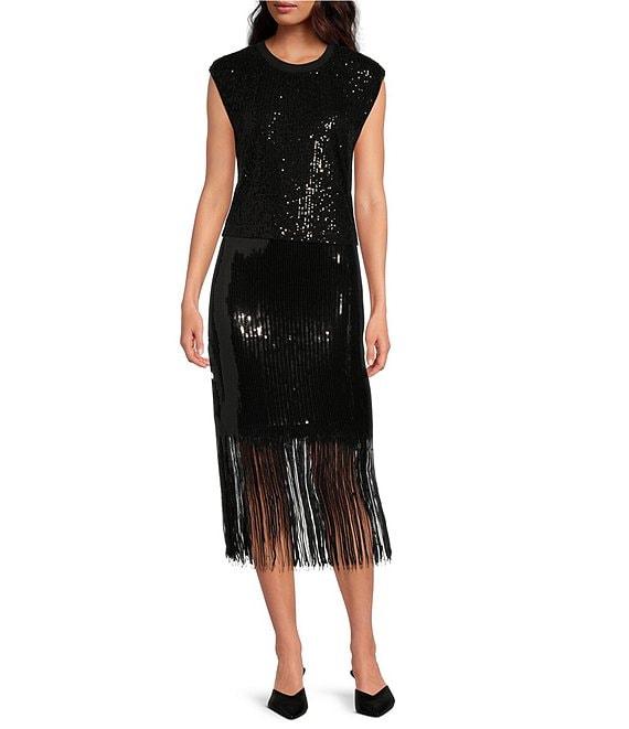 Skies Are Blue Sequin High Waist Fringe Midi Skirt Product Image